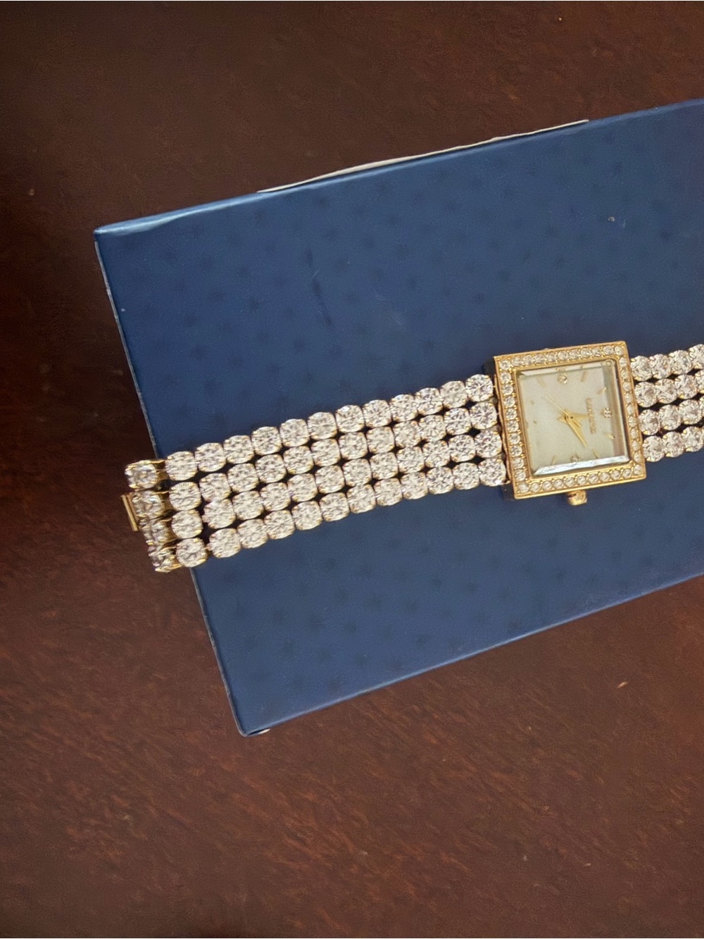 Gold Crystal-Embellished Square Face Bracelet Watch